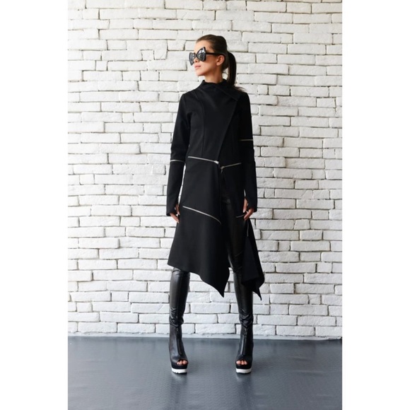 METAMORPHOZA Coat Womens Small Black Asymmetrical Zipper Jacket Thumbholes NWT - Picture 3 of 9